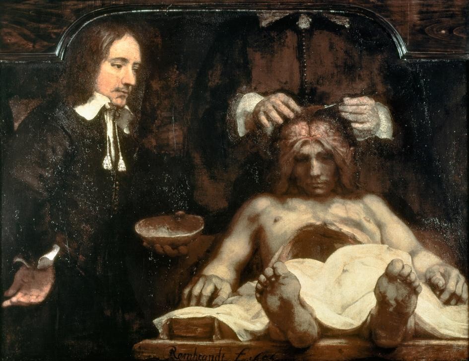 Rembrandt Harmenszoon van Rijn, Die Anatomie des Dr. Johan Deijman (Anatomie,Kunst,Leiche,Medizin,Pädagogik,Sektion,Universität,Vorlesung,Barock,Chirurgie,Fragment,Niederländische Kunst,Holländische Kunst,Pathologie,Assistenzarzt,Schädelschale)