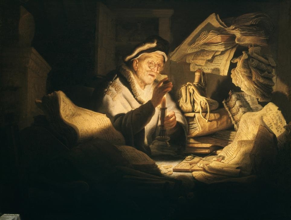 Rembrandt Harmenszoon van Rijn, Der Geldwechsler (Arbeitszimmer,Brille,Buch,Christentum,Geld,Geldwechsler,Licht Und Beleuchtung,Literatur,Mann,Optik,Religion,Barock,Neues Testament,Bibel,Unordnung,Portrait,Goldwäger,Gleichnis,Helldunkel,Niederländische Kunst,Physiognomik,Reichtum,Papier,Alter Mann,Habgie)