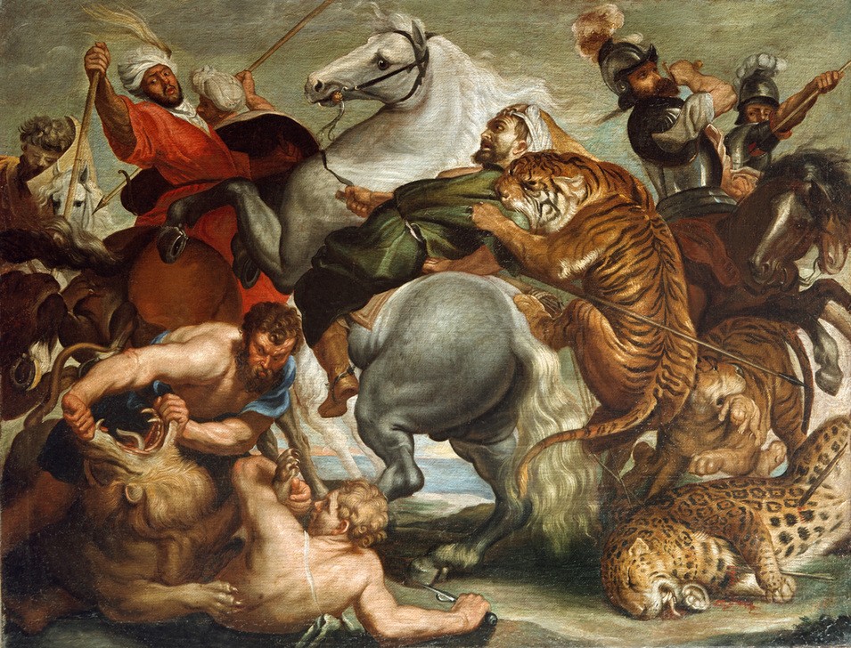Peter Paul Rubens, Tiger- und Leopardenjagd (Flämische Kunst,Jäger,Jagd,Kraftmensch,Leopard,Pferd (Tier),Waffe,Reiter,Barock,Orientalismus,Tiger,Kampf Zwischen Mensch Und Tier,Grosswildjäger,Speer,Niederländische Kunst,Kampf,Tigerjagd,Beissen,Kralle,Raubkatze,Exotik,Raubtier,Mut (Courage),Bedrohte A)