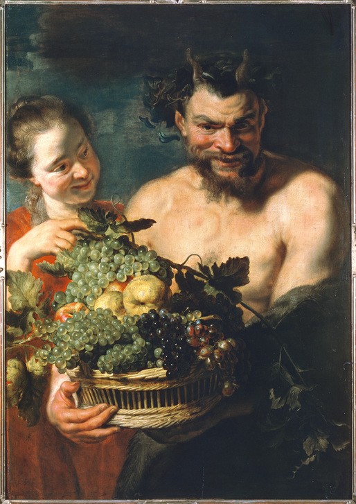 Peter Paul Rubens, Nymphe und Satyr (Flämische Kunst,Mythologie,Obst,Barock,Satyr,Pfirsich,Niederländische Kunst,Weintraube,Griechisch-Römische Mythologie)