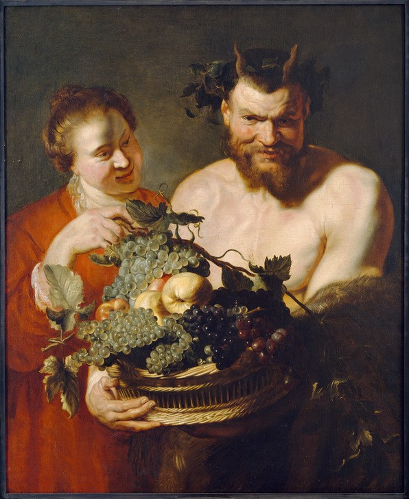 Peter Paul Rubens, Faun und Mädchen (Flämische Kunst,Mythologie,Obst,Barock,Satyr,Pfirsich,Niederländische Kunst,Weintraube,Griechisch-Römische Mythologie)
