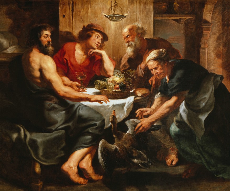 Peter Paul Rubens, Jupiter und Merkur bei Philemon und Baucis (Besuch,Flämische Kunst,Mythologie,Öllampe,Barock,Metamorphose,Hausfrau,Ente,Theoxenie,Niederländische Kunst,Visite,Griechisch-Römische Mythologie)