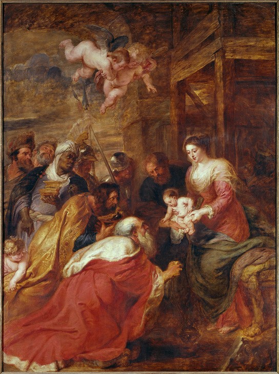 Peter Paul Rubens, Anbetung der drei Könige (Christentum,Engel,Religion,Barock,Neues Testament,Bibel,Putto,Mohr,Anbetung Der Könige,Heilige Drei Könige (Neues Testament),Kniefall,Niederländische Kunst,Anbetung (Allgemein),Schwarzer)