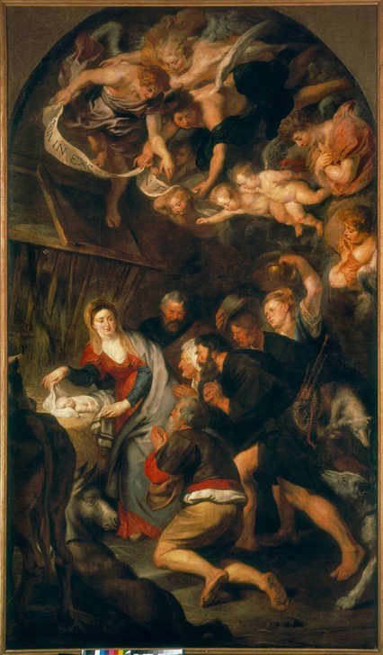 Peter Paul Rubens, Anbetung der Hirten (Christentum,Engel,Flämische Kunst,Religion,Barock,Esel,Neues Testament,Bibel,Putto,Christi Geburt,Stall,Kniefall,Anbetung Der Hirten,Niederländische Kunst,Schweben,Ochs Und Esel,Anbetung (Allgemein))