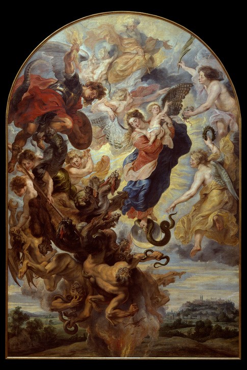 Peter Paul Rubens, Das apokalyptische Weib (Baby,Christentum,Engel,Feuer,Frau,Mond,Religion,Stern,Blumenkranz,Barock,Neues Testament,Bibel,Teufel,Erzengel,Rettung,Gottvater,Apokalypse,Niederländische Kunst,Apokalyptisches Weib,Drache (Fabelwesen))