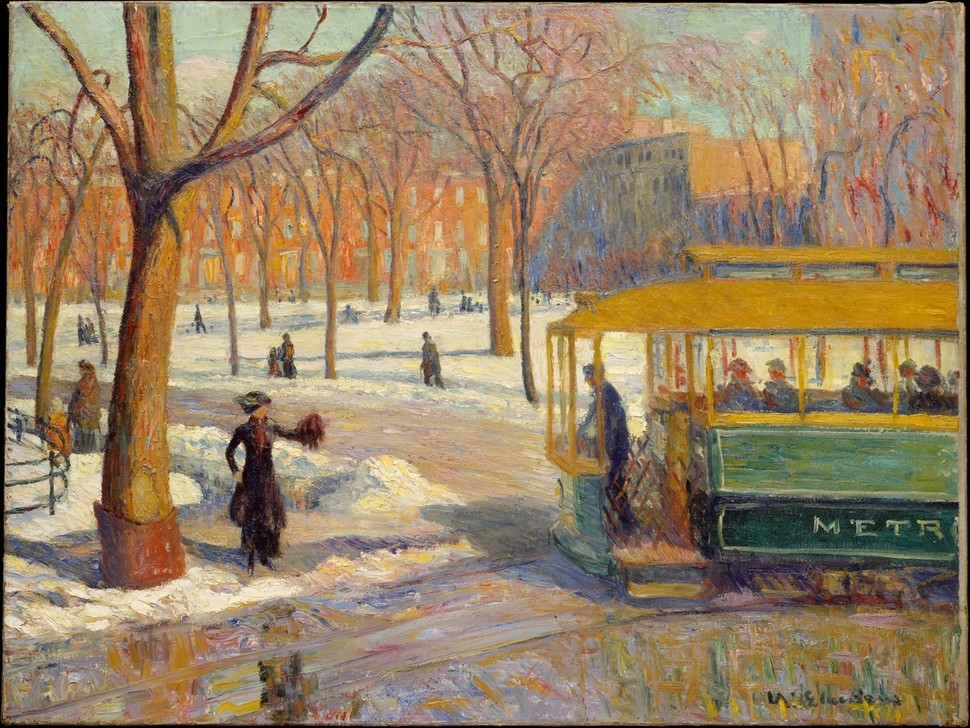 William Glackens, Der grüne Wagen (Frau,Jahreszeiten,Park,Strassenbahn,Wagen,Winter,Schnee,Baum)
