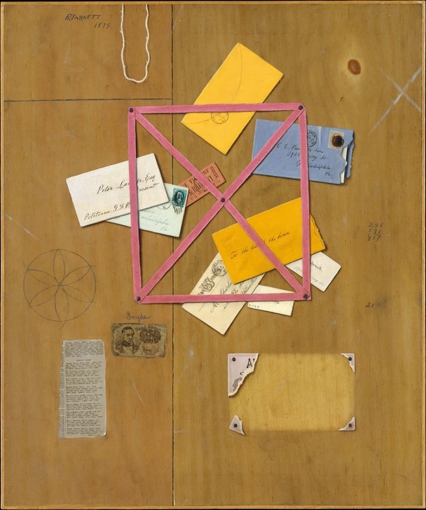William Michael Harnett, Der Briefhalter des Künstlers (Pinwand, Briefhalter, Briefe, Holzwand, Nägel, Stillleben,  Trompe-l’œil-Malerei, illusionistisch, Amerikanische Kunst, Büro, Wunschgröße)