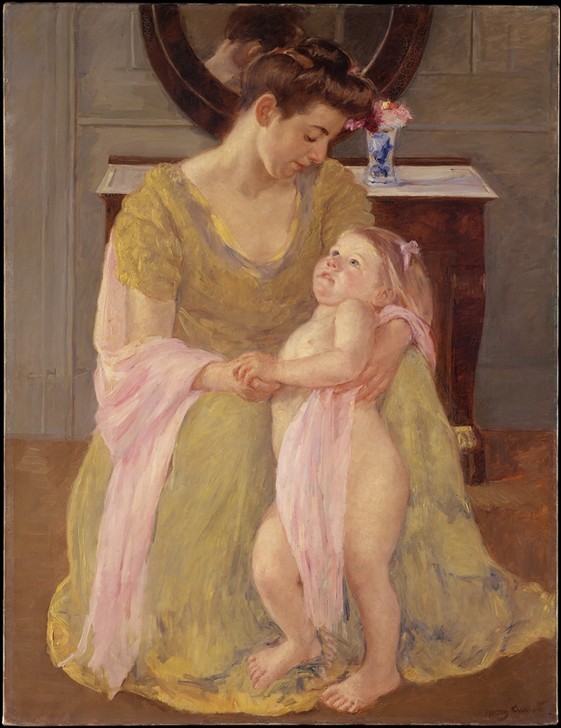 Mary Cassatt, Mutter und Kind mit einem rosa Schal (Mutter Und Kind,Spiegel,Schal,Vase,Nacktheit)