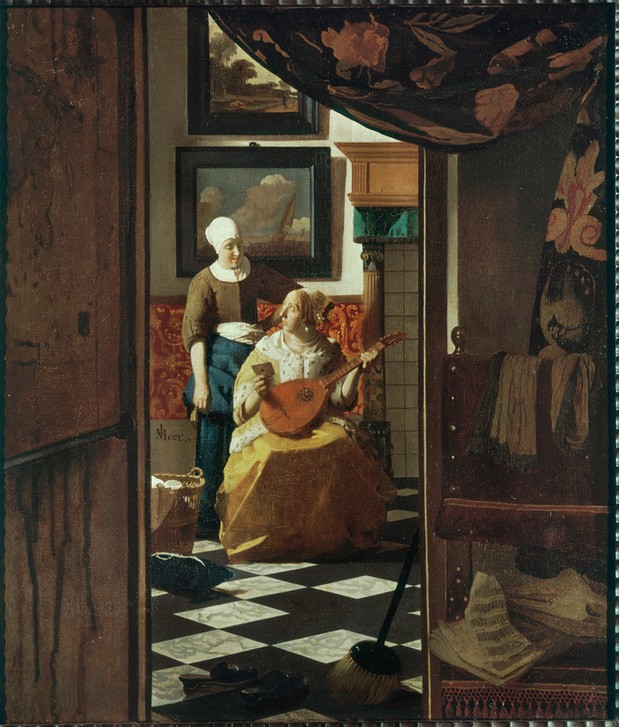 Jan Vermeer, Der Liebesbrief (Brief,Frau,Laute,Liebe,Musik,Barock,Instrument,Fussboden,Liebesbrief,Interieur,Bürgertum,Genre,Besen,Niederländische Kunst,Dienstmädchen,Magd,Wäschekorb,Frauenleben,Korrespondenz,Pantoffel,Musivisches Pflaster,Fliese)