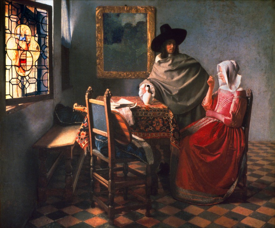 Jan Vermeer, Herr und Dame beim Wein (Alkohol,Damenmode,Fenster,Frau,Herrenhut,Herrenmode,Kopfbedeckung,Kunst,Laute,Mann,Mode,Bank (Sitzgelegenheit),Saiteninstrument,Szene,Teppich,Wein,Hut,Barock,Instrument,Trinken,Tisch,Bild Im Bild,Fussboden,Interieur,Bürgertum,Haube,Niederländische Kunst,W)