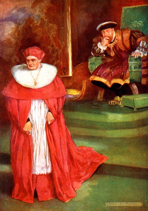 Stephen Reid, Wolsey's interview with King Henry VIII, (1909) (Sitzung,Christentum,Katholische Kirche,König,Mann,Religion,Interview,Thron,Tudor,Farbe)