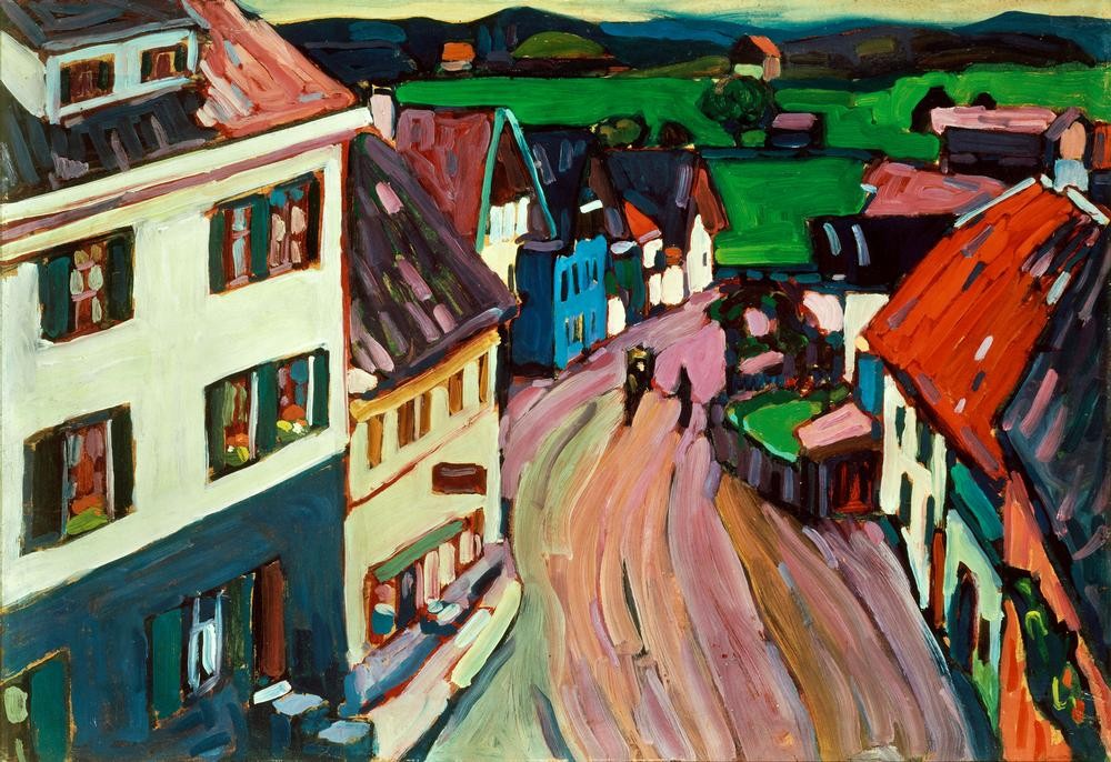 Wassily Kandinsky, Blick aus dem Fenster des Griesbräu (Straße, Gebäude, Kleinstadt, Expressionismus, Russische Kunst, Häuserzeile, Wohnzimmer,  Treppenhaus, Wunschgröße, Klassische Moderne, bunt)