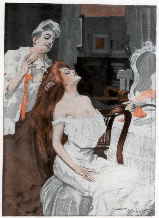 Ferdinand Freih van Reznicek, Woman having her hair done (Beruf,Frau,Friseur,Kosmetik,Mädchen,Spiegel,Besetzung,Verfassung,Boudoir,Kleid,Dame,Frisur,Farbe)
