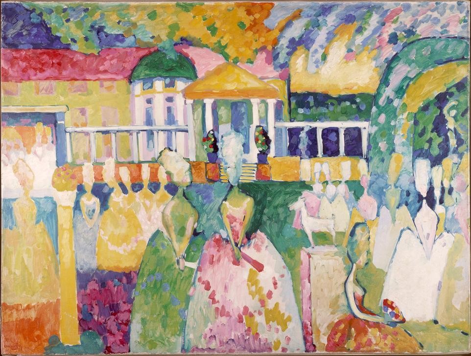 Wassily Kandinsky, Damen in Krinolinen (Damenmode, Gesellschaftliches Leben, Menschen im Park, Impressionismus, Krinoline, Russische Kunst, Wohnzimmer, Treppenhaus, Wunschgröße, Klassische Moderne, bunt)