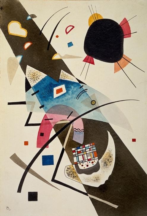 Wassily Kandinsky, Zwei schwarze Flecke (Abstrakte Kunst, Russische Kunst, geometrische Formen, Muster, Wohnzimmer, Treppenhaus, Wunschgröße, Klassische Moderne, bunt)