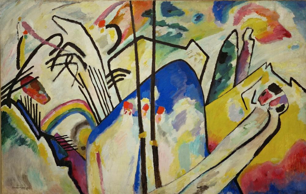 Wassily Kandinsky, Komposition 4 (Krieg, Kunst, Landschaft, Mensch, Regenbogen, Schlacht, Expressionismus,Der Blaue Reiter, Abstrakte Kunst,Russische Kunst, Abstraktion,Berg,Wohnzimmer, Treppenhaus, Wunschgröße, Klassische Moderne, bunt)