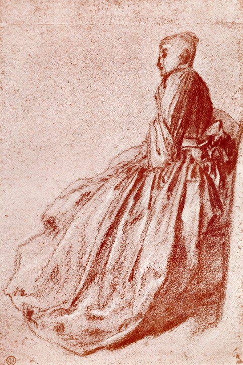 Jean-Antoine Watteau, Study of a young woman, 1913 (junge Frau, Mode, Kleid, Studie, sitzende Frau, Faltenwurf, Wunschgröße, Treppenhaus)