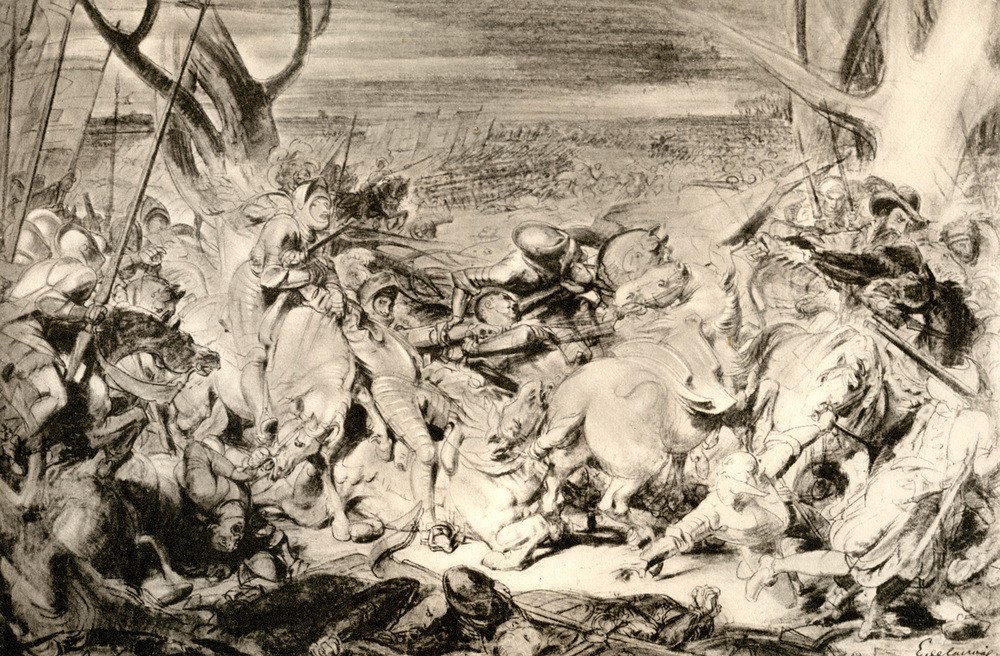 Eugene Delacroix, 'La Bataille de Dreux', 1913 (Konflikt,Krieg,Künstler,Kunst,Mann,Pferd (Tier),Tod,Renaissance,Schlacht,Portrait,Verletzung,Kampf,Tier,Monochromie)