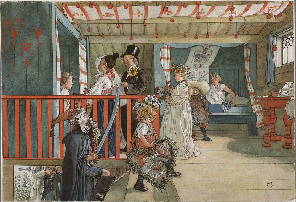 Carl Larsson, Der Namenstag (Ein Feiertag) (Bett,Familie,Geiger,Geschwister,Haus,Jugendstil,Kinderzimmer,Kind,Kunst,Mädchen,Musik,Schlafzimmer,Wohnhaus (Allgemein),Tageszeiten,Wohnhaus Von Berühmten,Morgen,Blumenkranz,Frühstück,Schwester,Kleinkind,Kostüm (Verkleidung),Herz,Tochter,Interieur,Geschen)