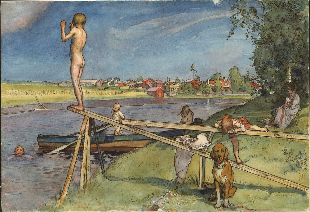 Carl Larsson, Eine schöne Badestelle (Ausflug,Bad Im Freien,Bad,Boot,Dorf,Familie,Frau,Jugendstil,Kind,Kunst,Mädchen,Mutter Und Kind,Picknick,Freizeit,Ruderboot,Schwimmen,Hund,Fluss,Akt,Mutter,Reise,Schwedische Kunst,Idylle,Im Freien (Allgemein),Nacktheit,Knabe,Familienleben,Künstlerfamilie,K)