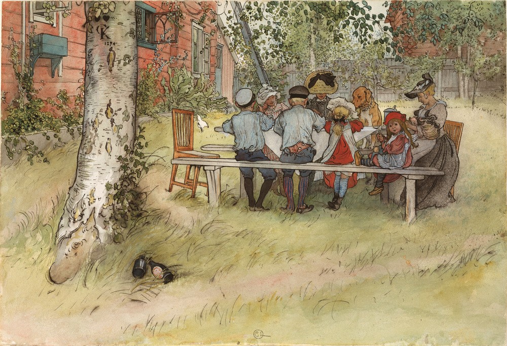 Carl Larsson, Frühstück unter der großen Birke (Bauernhaus,Dorf,Essen Und Trinken,Familie,Frau,Haus,Jugendstil,Kind,Kunst,Landhaus,Mädchen,Mutter Und Kind,Freizeit,Sommer,Tafelsitten,Tee,Urlaub,Genussmittel,Hut,Herr Und Hund,Hund,Frühstück,Birke,Baum,Mutter,Flasche,Architekturdarstellung,Schwedische Ku)