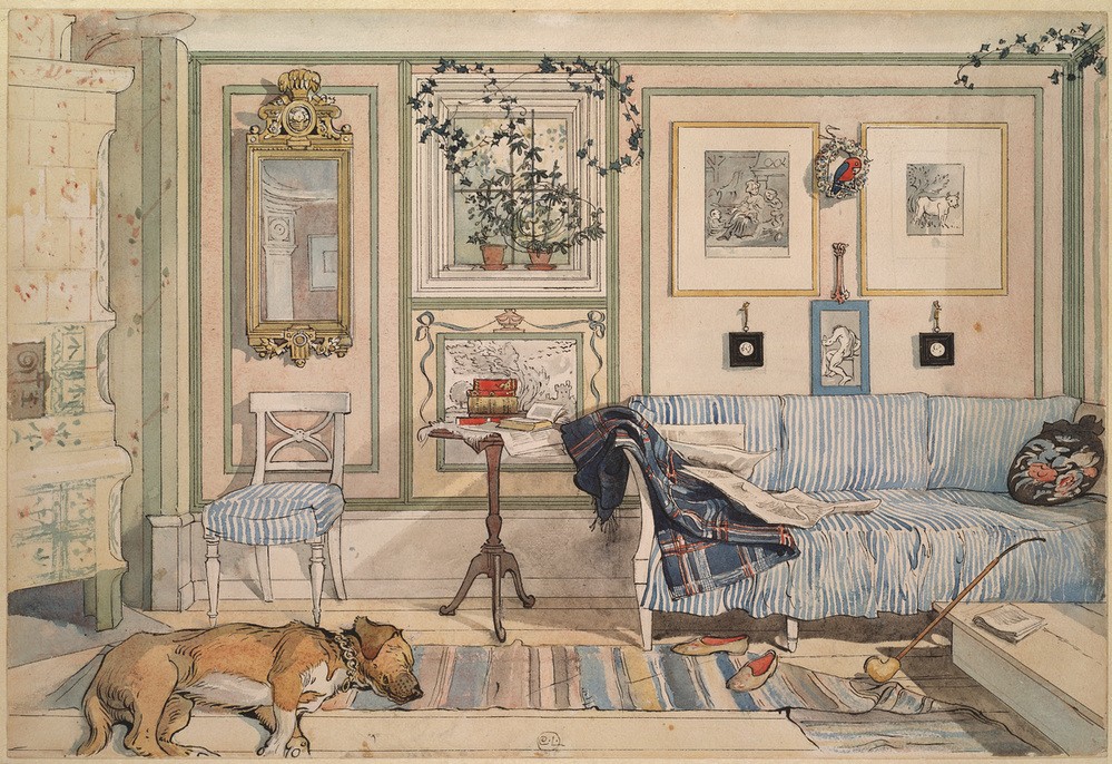 Carl Larsson, Gemütliche Ecke (Buch,Efeu,Jugendstil,Kunst,Möbel,Spiegel,Wohnhaus (Allgemein),Wohnzimmer,Wohnung,Innenarchitektur,Salon,Pfeife (Tabak),Hund,Bild Im Bild,Zeitung,Kachelofen,Interieur,Topfpflanze,Sofa,Schwedische Kunst,Haustier,Zimmerpflanze,Stuhl,Tier,Pantoffel,Skandinavi)