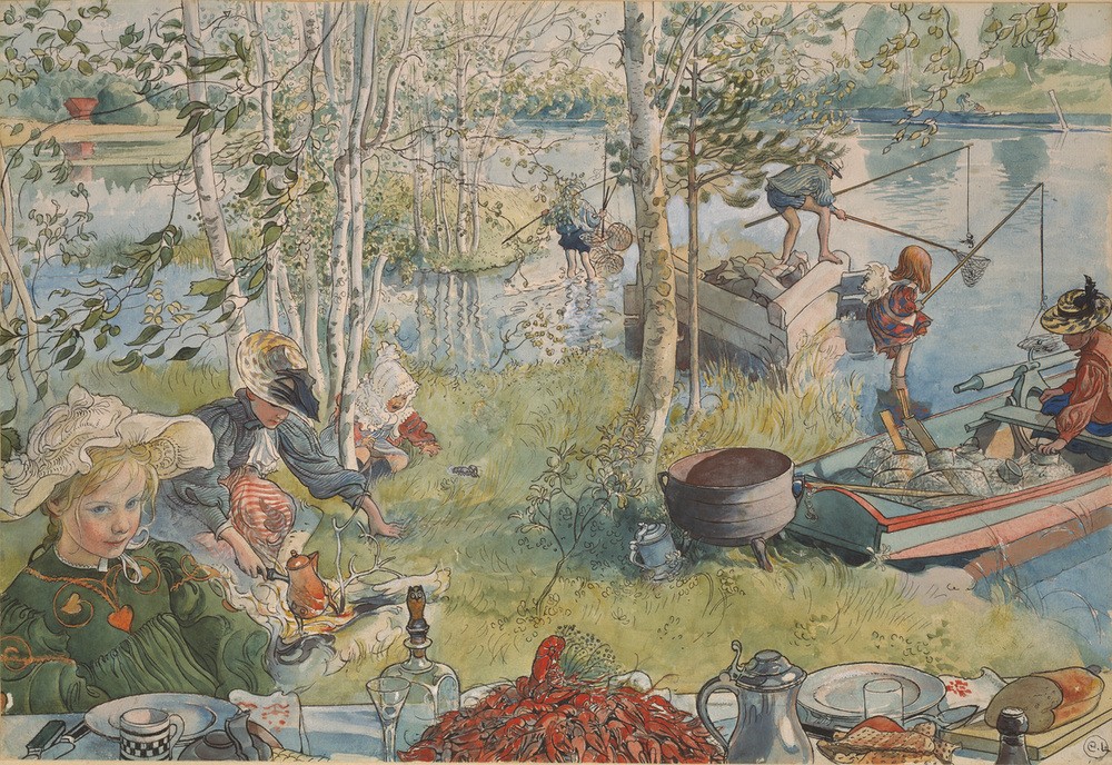 Carl Larsson, Krebsfang (Angeln (Sport),Ausflug,Essgeschirr,Essen Und Trinken,Familie,Feuerstelle,Frau,Jugendstil,Kind,Kunst,Mädchen,Picknick,Freizeit,Reise,Angel,Krebs (Tier),Lagerfeuer,Schwedische Kunst,Idylle,Im Freien (Allgemein),Knabe,Netz,Familienleben,Künstlerfamilie,Reuse)