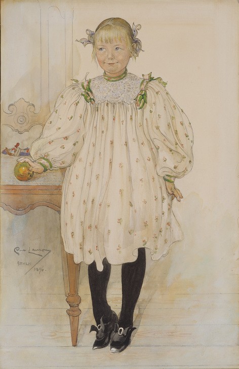 Carl Larsson, Martha Winslow as a Girl (Kindermode,Kind,Kunst,Mädchen,Mode,Portrait,Schwedische Kunst,Lächeln,Kleid,Jahrhundertwende,Skandinavische Kunst,Ganzfigurig,Signatur)