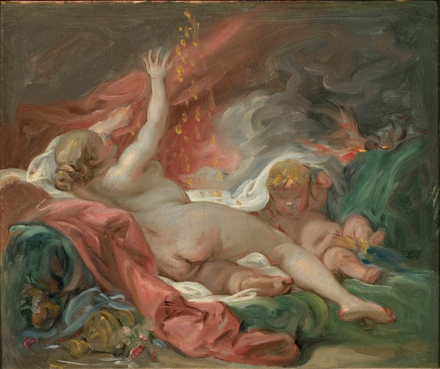 Francois Boucher, Danaë und der Goldregen. Studie (Mythologie, Frau, Aktmalerei, Erotik, Goldregen, Zeus, Verwandlung, Rückenakt, Nacktheit, Antikenrezeption, Götter, Rokoko, Klassiker, Wunschgröße, Wohnzimmer, Schlafzimmer, Malerei, bunt)