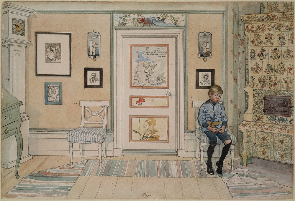 Carl Larsson, Die Strafecke (Jugendstil,Kind,Kunst,Strafe,Teppich,Wohnhaus (Allgemein),Wohnung,Salon,Bild Im Bild,Kachelofen,Langeweile,Schwedische Kunst,Knabe,Warten,Traurigkeit,Stuhl,Kinderleben,Kind Berühmter Persönlichkeiten,Sohn Von Berühmten,Sitzen,Jahrhundertwende,Skandinavisc)