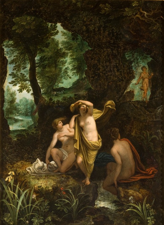 Jan Brueghel der Ältere, Landscape with Diana Surprised by Actaeon (Körperpflege,Bad Im Freien,Bad,Flämische Kunst,Frau,Jäger,Kunst,Landschaft,Mythologie,Nymphe,Barock,Akt,Voyeurismus,Rückenakt,Beobachten,Götter,Göttin,Antikenrezeption,Spanner (Voyeur),Beobachter,Griechisch-Römische Mythologie)