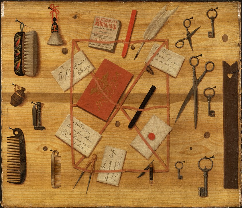 Hindric Sebastian Sommar, Brett mit Briefen. Trompe l’oeil (Brief,Kunst,Zirkel,Holz,Stillleben,Schlüssel,Trompe L'oeil,Kamm,Schreibfeder,Schwedische Kunst,Bürste,Schere,Almanach,Federkiel,Skandinavische Kunst,Lineal,Pinnwand,Briefhalter,Europäische Kunst,Westeuropäische Kunst)