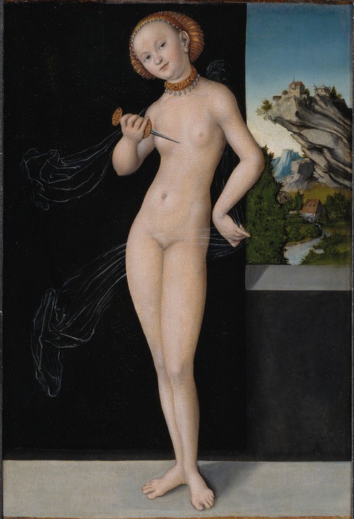 Lucas Cranach der Ältere, Lucretia (Deutsche Kunst,Dolch,Frau,Geschichte,Sage,Kunst,Literatur,Selbstmord,Szene,Tod,Renaissance,Schleier,Akt,Tugend,Portrait,Keuschheit,Nacktheit,Römisches Reich,Person,Erdolchen)