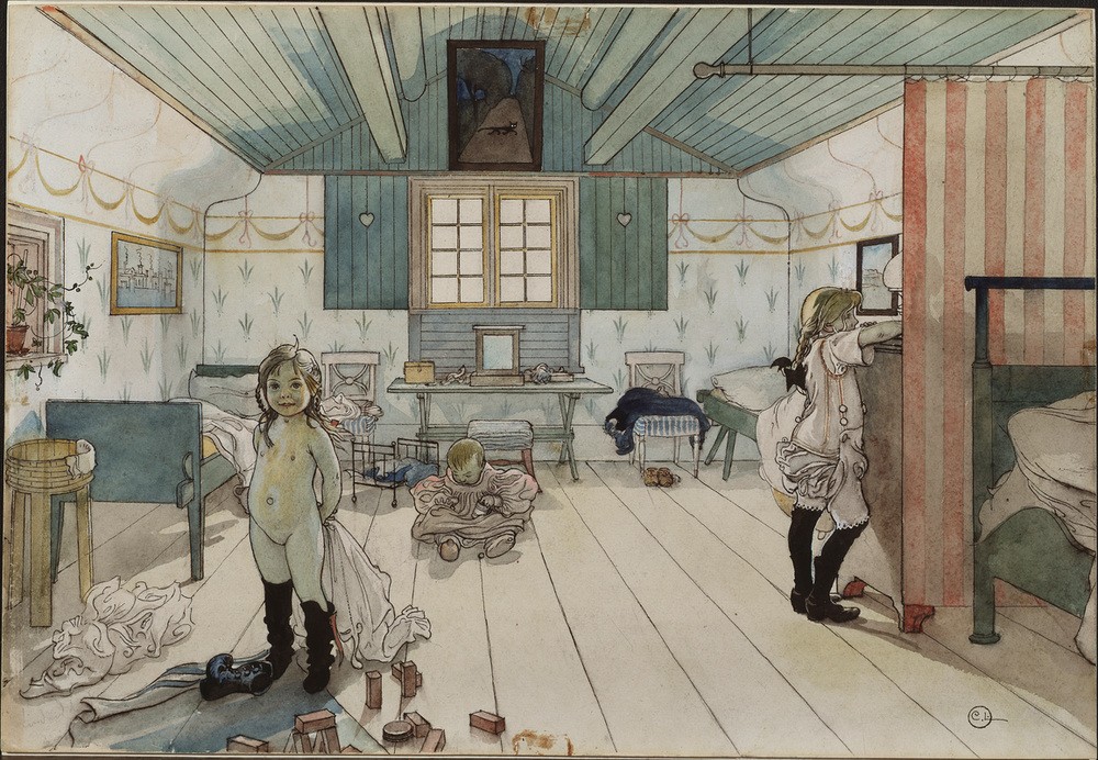 Carl Larsson, Das Schlafzimmer von Mama und den kleinen Mädchen (Baby,Bett,Familie,Geschwister,Haus,Jugendstil,Kinderzimmer,Kind,Kommode,Kunst,Mädchen,Schlafzimmer,Spielzeug,Strumpf,Unterwäsche (Damen),Wohnhaus (Allgemein),Wohnung,Wohnhaus Von Berühmten,Akt,Schwester,Kleinkind,Zopf,Tochter,Interieur,Schwedische Kunst,N)