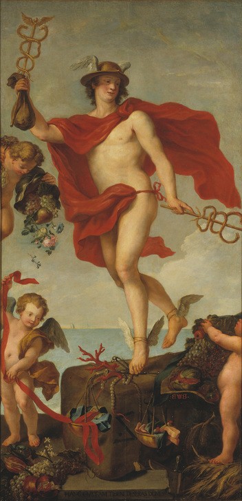 Peter Paul Rubens, Merkur verlässt Antwerpen (Abschied (Verabschieden),Flämische Kunst,Früchte,Geschichte,Handel,Helm,Kunst,Mythologie,Obst,Tulpe,Waage (Gerät),Wirtschaft (Ökonomie),Nahrungsmittel,Akt,Allegorie,Putto,Wirtschaftskrise,Truhe,Fragment,Niederländische Kunst,Götter,Wohlstand,Füllhorn,Luxu)