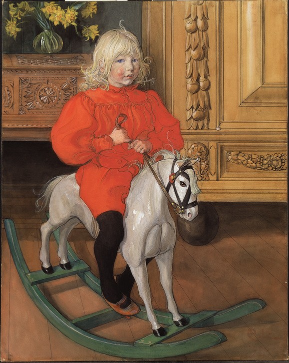 Carl Larsson, "Murre". Porträt Casimir Laurin (Jugendstil,Kindermode,Kind,Kunst,Mensch,Mode,Schaukelpferd,Spielzeug,Portrait,Blumenstrauss,Interieur,Schwedische Kunst,Knabe,Narzisse,Blonde Haare,Langes Haar,Puffärmel,Jahrhundertwende,Skandinavische Kunst,Rot,Ganzfigurig)