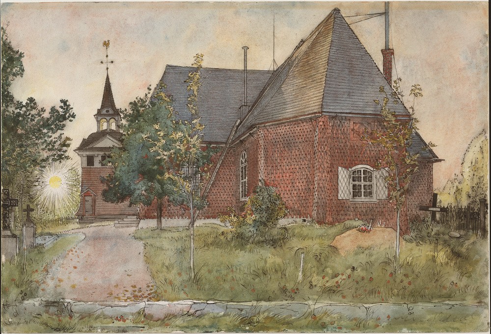 Carl Larsson, Die alte Kirche von Sundborn (Architektur,Jugendstil,Kirche,Kunst,Sonne,Architekturdarstellung,Schwedische Kunst,Aussenansicht,Sonnenstrahlen,Jahrhundertwende,Skandinavische Kunst,Sakralbau)