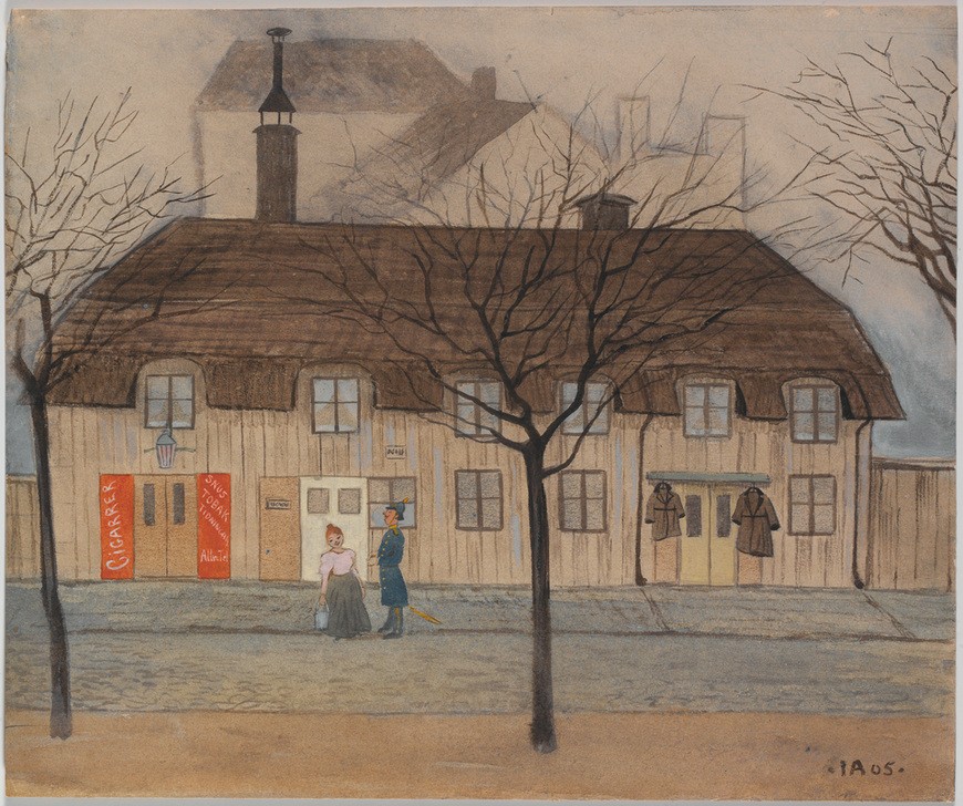 Ivar Axel Henrik Arosenius, Dienstmädchen und Polizist (Flirt,Frau,Haus,Kunst,Mann,Strassenszene,Uniform,Baum,Architekturdarstellung,Schwedische Kunst,Dienstmädchen,Holzhaus,Begegnung,Jahrhundertwende,Skandinavische Kunst,Polizist,Unterhaltung (Gespräch))