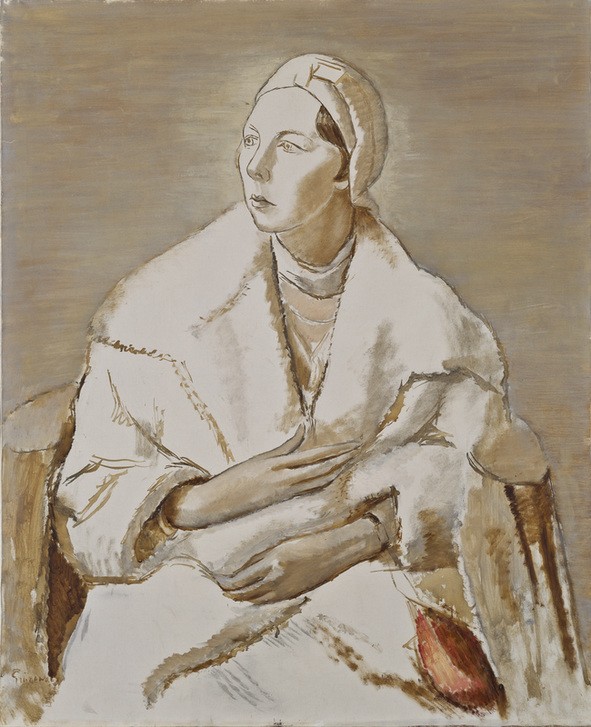 Sigrid Hjertén, Porträt / Gemälde von I.Grünewald, 1931 (Frau,Kopfbedeckung,Künstlerin,Kunst,Malerin,Mantel,Hut,Portrait,Schwedische Kunst,Sitzen,Skandinavische Kunst,Kniestück,Person)
