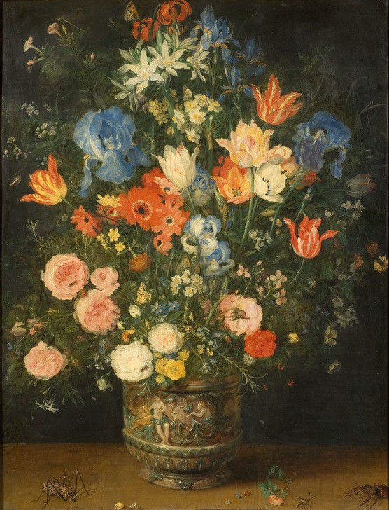 Jan Brueghel der Ältere, Stillleben mit Blumenvase und Insekten (Stillleben, Blumenstrauß, Topf, üppig, prächtig, Vanitas, Vergänglichkeit, Tulpen, Lilien, Nelken, Rosen, Schmetterlinge, Käfer, Barock, Wunschgröße, Klassiker, Blumenbrueghel, Samtbrueghel, Wohnzimmer, Esszimmer, Wunschgröße)