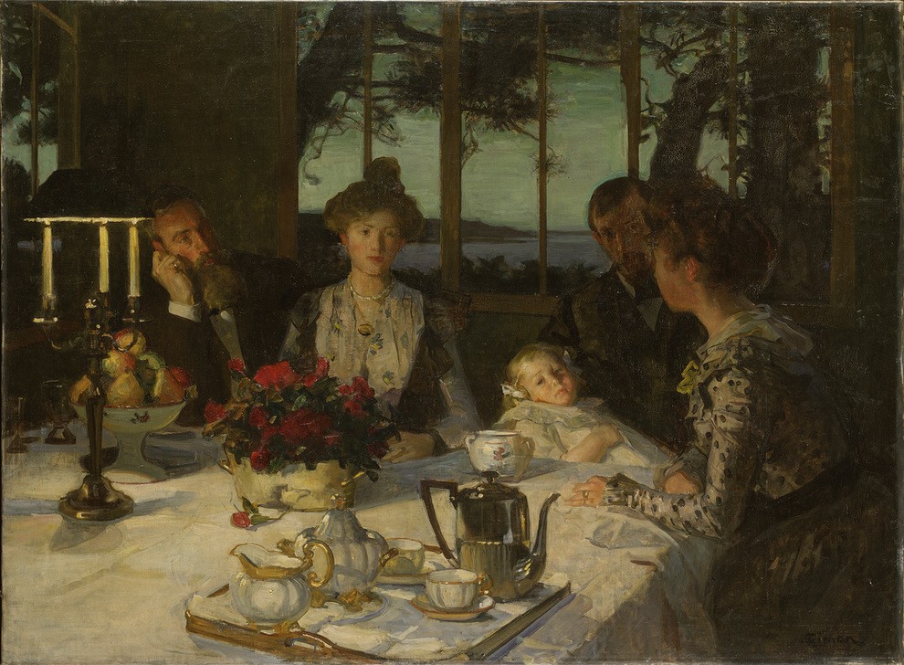 Lucien Simon, Gespräch in der Dämmerung (Familie,Frau,Freundschaft (Allgemein),Gesellschaftliches Leben,Gewässer,Kaffeeservice,Kaffee,Kind,Kunst,Landschaft,Mädchen,Mann,Nachmittagskaffee,Tafelsitten,Tee,Teeservice,Tageszeiten,Abend,Nachmittag,Kleinkind,Vater Und Kind,Vater Und Tochter,Langeweile)