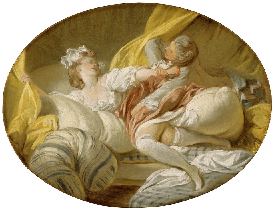 Jean-Honoré Fragonard, Nutzloser Widerstand (Bett,Erotik,Frau,Kunst,Liebespaar,Mann,Schlafzimmer,Dekollete,Rokoko,Verführung,Vergewaltigung,Französische Kunst,Erotische Kunst,Paar,Zudringlichkeit,Brust,Oval)