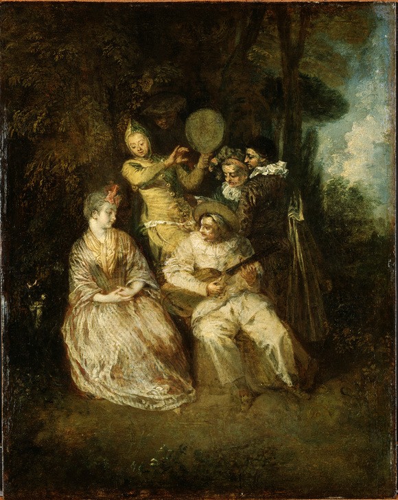 Jean-Antoine Watteau, The Italian Serenade (Frau,Garten Und Park,Gesellschaftliches Leben,Gitarre,Kunst,Landschaft,Mann,Menschen Im Park,Musik,Park,Instrument,Rokoko,Kostüm (Verkleidung),Fetes Galantes,Französische Kunst,Tambourin,Serenade (Musik),Galanterie,Musikant)