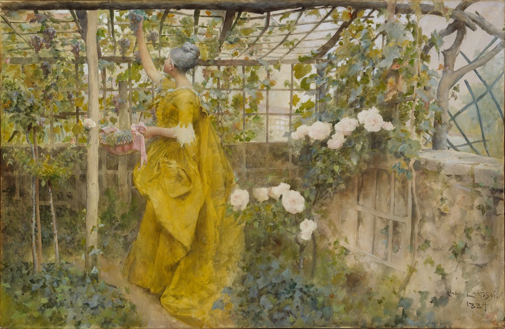 Carl Larsson, The Vine (Damenmode,Ernte,Frau,Garten Und Park,Herbst,Jahreszeiten,Kunst,Mode,Park,Rose,Sommer,Terrasse,Wein,Weinstock,Laube,Pergola,Schwedische Kunst,Kleid,Veranda,Weintraube,Spalier,Graues Haar,Skandinavische Kunst,Gelb,Weinlaube,Garten)