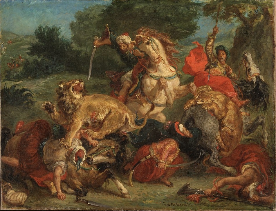 Eugene Delacroix, Die Löwenjagd (Jäger,Jagd,Kunst,Löwe (Tier),Mann,Pferd (Tier),Völkerkunde,Reiter,Orientalismus,Kampf Zwischen Mensch Und Tier,Löwenjagd,Französische Kunst,Kampf,Raubkatze,Reiten,Romantik,Islamische Länder,Islamische Welt)