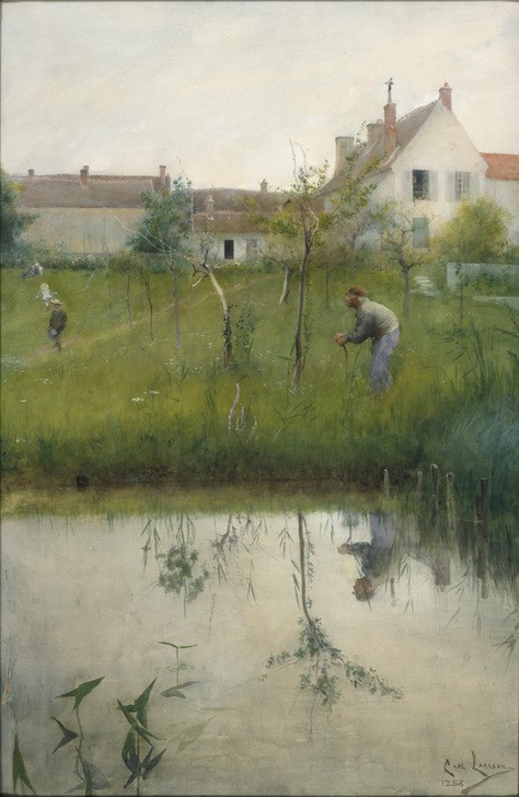 Carl Larsson, Der Alte Mann und die jungen Bäume (Garten Und Park,Gewässer,Haus,Kind,Kunst,Landschaft,Lebensalter,Mann,Alter,See,Fluss,Spiegelung,Baum,Architekturdarstellung,Schwedische Kunst,Jugend Und Alter,Ufer,Landleben,Spazierstock,Alter Mann,Skandinavische Kunst,Gebrechlichkeit,Baumschule,Dorfleben)