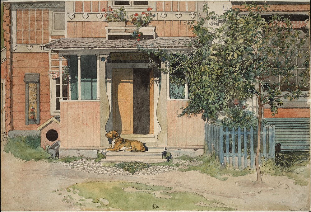 Carl Larsson, Die Veranda (Bauernhaus,Haus,Jahreszeiten,Jugendstil,Kunst,Landhaus,Sommer,Hund,Baum,Architekturdarstellung,Schwedische Kunst,Idylle,Haustier,Veranda,Hundehütte,Landleben,Hauseingang,Haustür,Holzhaus,Jahrhundertwende,Skandinavische Kunst,Dorfleben,Stufe,Eingang)