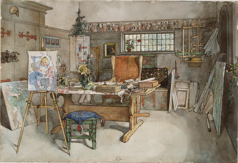 Carl Larsson, Das Atelier (Arbeitszimmer,Atelier,Architektur,Jugendstil,Kind,Kunst,Mädchen,Möbel,Schreibtisch,Wohnhaus (Allgemein),Wohnung,Innenarchitektur,Staffelei,Tisch,Bild Im Bild,Werkzeug,Portrait,Tochter,Sonnenschirm,Blumenstrauss,Interieur,Schwedische Kunst,Skandinavische K)