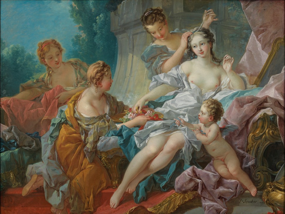 Francois Boucher, Die Toilette der Venus (Körperpflege, Göttin, Venus, Mythologie, Frauen,  Dienerinnen,  Morgentoilette, Schönheit,  Rokoko, Klassiker, Wunschgröße, Wohnzimmer,  Malerei, bunt)