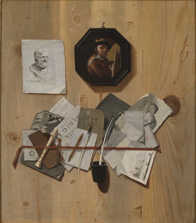 Johan Klopper, Trompe l'oeil (Frau,Künstler,Kunst,Maler (Künstler),Mann,Optik,Zirkel,Holz,Selbstbildnis,Künstler Bei Der Arbeit,Akt,Bild Im Bild,Trompe L'oeil,Schreibwerkzeug,Tintenfass,Schwedische Kunst,Büste,Zettel (Papier),Alter Mann,Federkiel,Skandinavische Kunst,Pinnwand,Sinnestä)